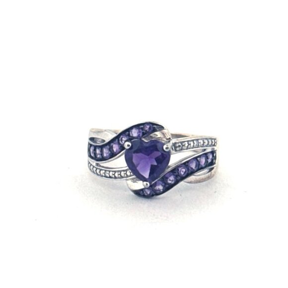 Estate Sterling Silver 925 Heart Amethyst & CZ Wave Ring Women’s Size 9 - Picture 1 of 9